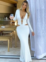 elegant v neck hollow out bandage white maxi dresses for women autumn summer 2022sexy long sleeve bodycon party club black dress