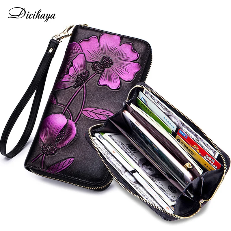 

DICIHAYA RFID Real Leather Female Long Section Wallet Printing Ladies Zipper Purse Large Capacity Practical Hand Wallet Woman