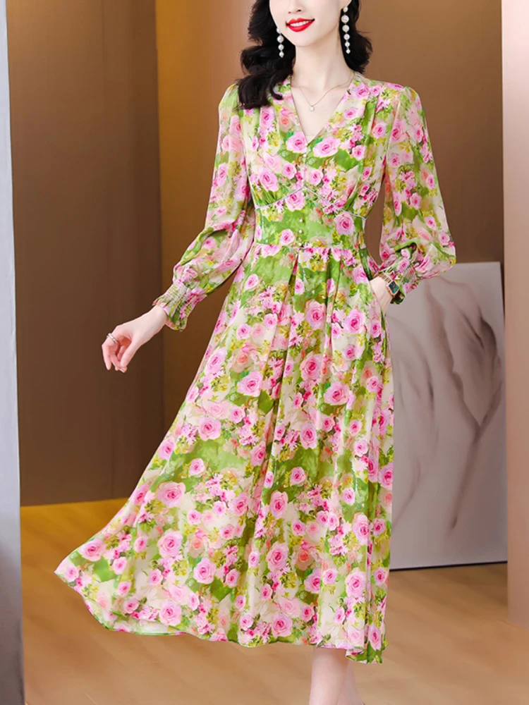 

Новинка весна-лето 2023 атласное платье из шелка тутового шелкопряда с длинными рукавами платье с V-образным вырезом и цветочным принтом характерное тонкое платье для показа талии