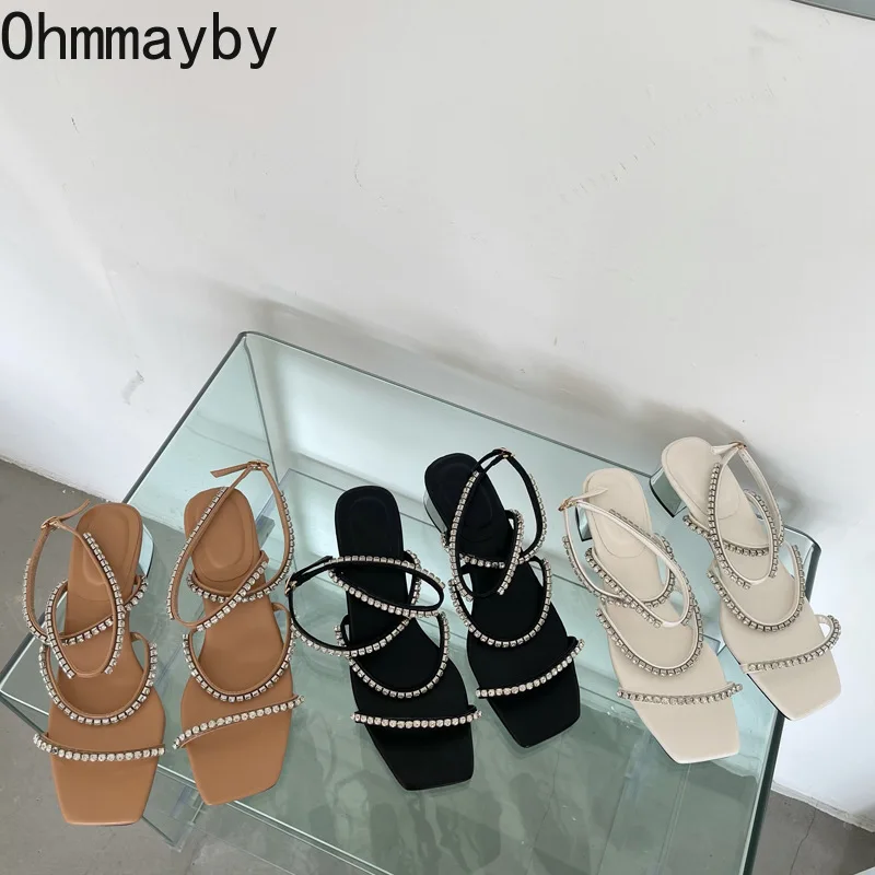 

2022 Summer Heel Sandals Women Casual Thick Heel Ladies Square Toe Shoes Outdoor Sexy Rhinestones Sandal Mujer