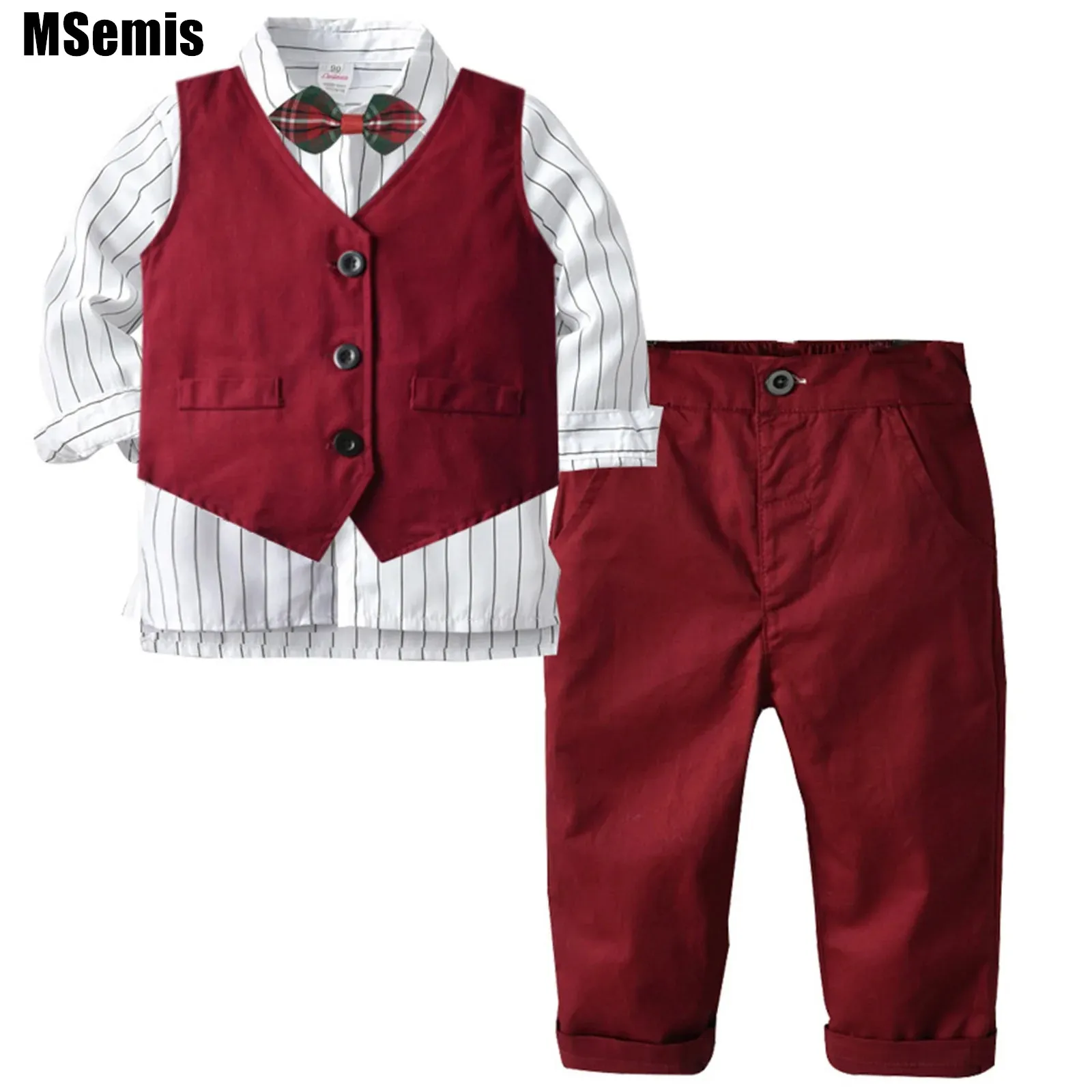 

Baby Boys Cotton Gentleman Set Long Sleeve Striped Shirt+Bow Tie+Vest+Pants Outfit Kids Party Formal Clothes