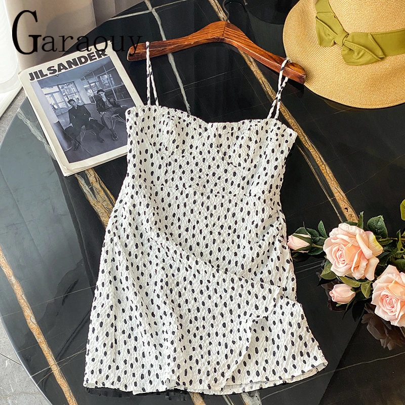 

Garaouy 2022 New Summer Thin Straps Slip Black White Polka Dots Folds Dress Women Sexy Simple Mini Dresses Female Mujer Vestidos