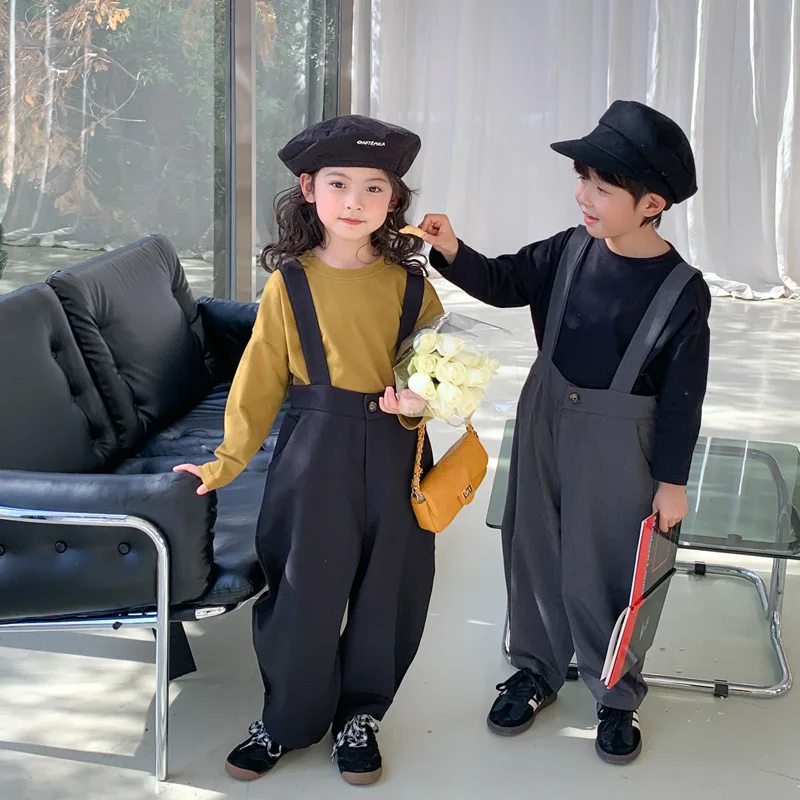 

Spring Unisex children solid color suit overalls 2023 cool boys and girls loose suspender trousers 2-7 years