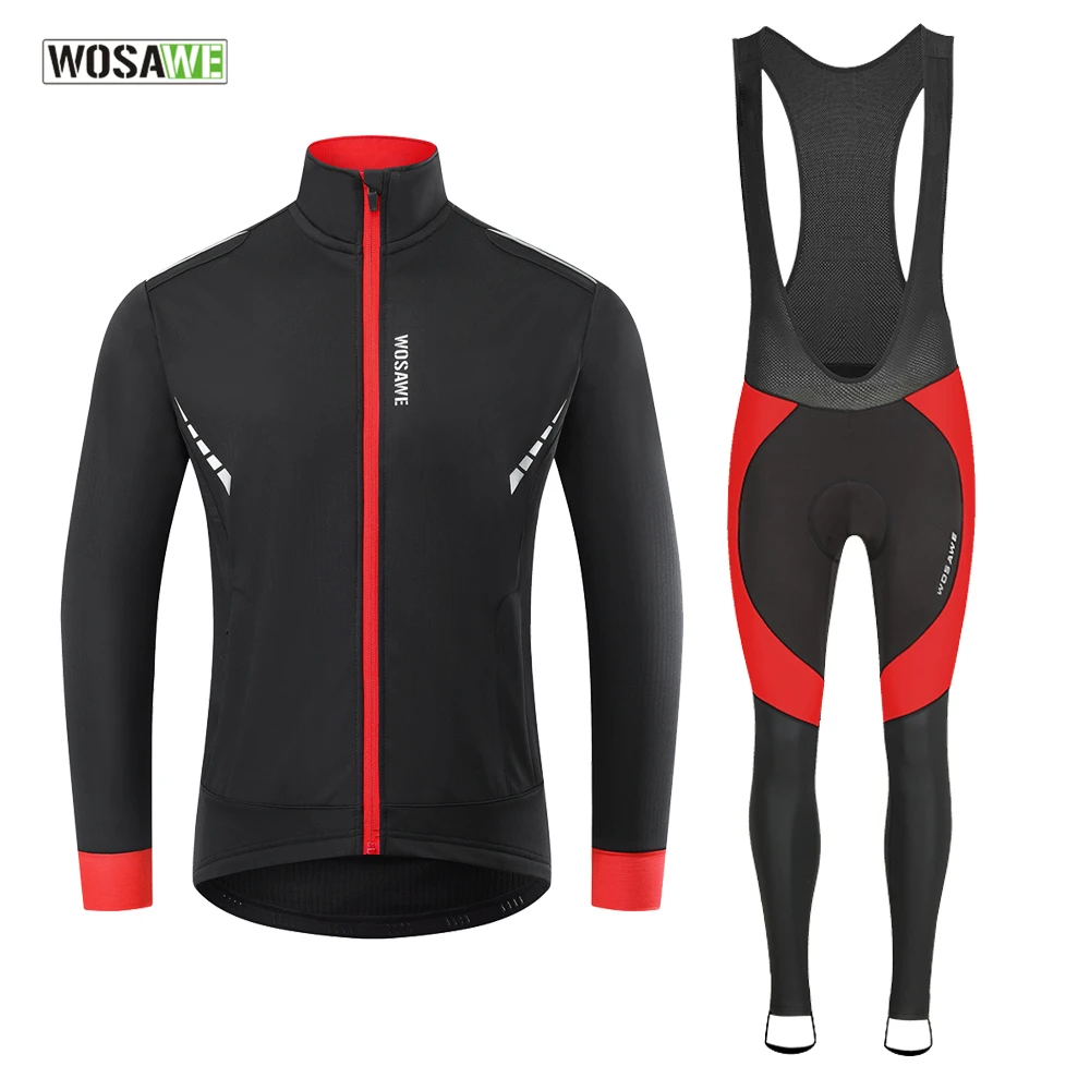 

WOSAWE Winter Thermal Fleece Cycling Jacket Set Long Bibs Tights Suits MTB Bicycle Clothing Bike Clothes Sportswear Wear Suit