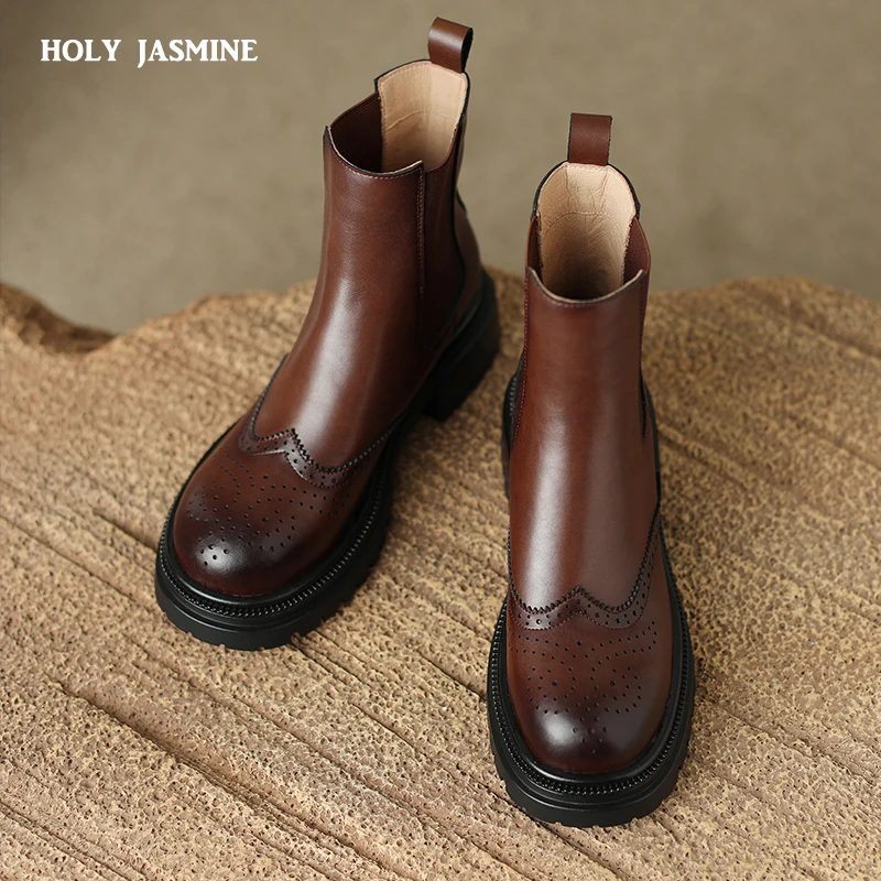 

Retro Mature Female Concise Women Ankle Boots Split Leather Thick Heels Autumn Winter Elastic Band Office Platform Shoes Woman