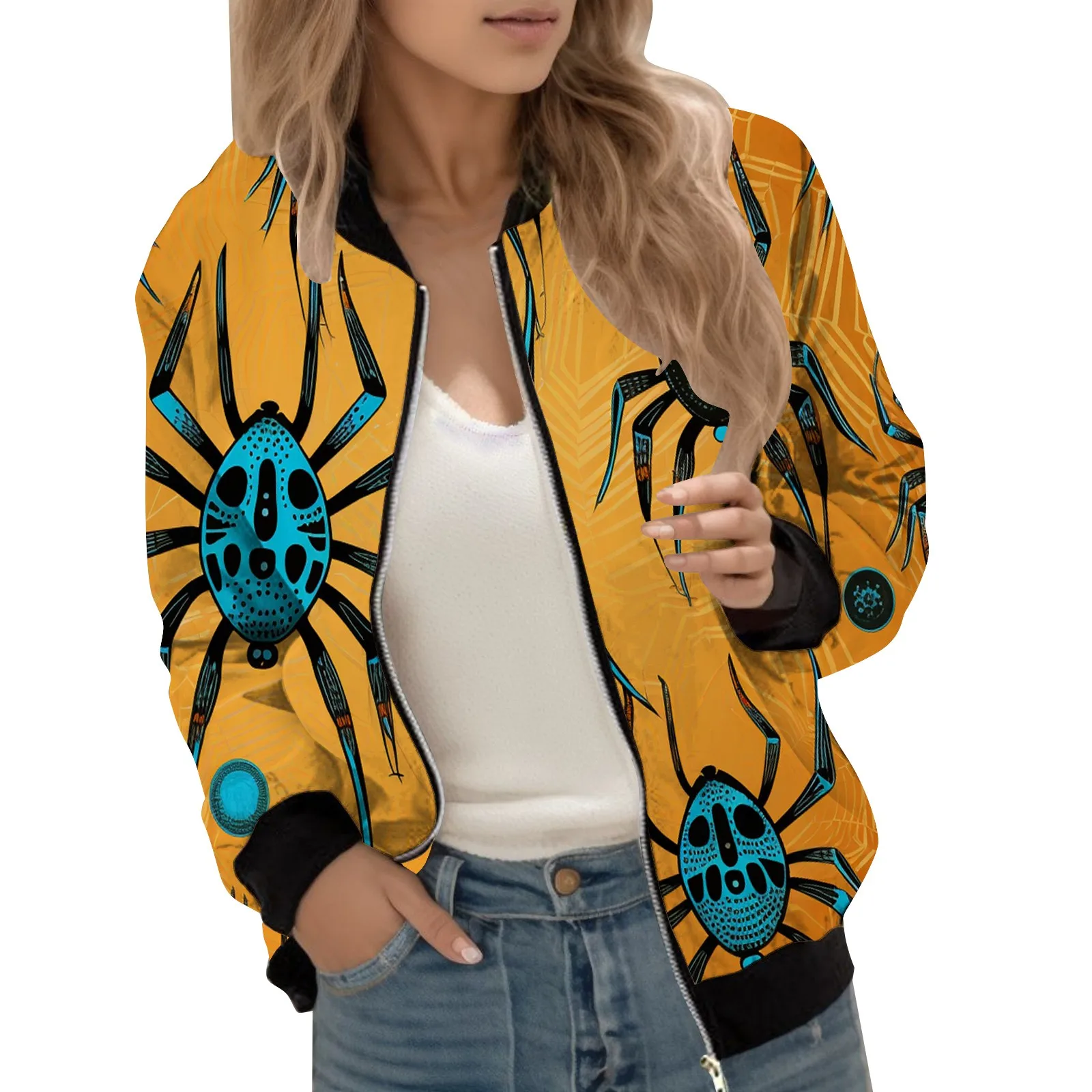 

Womens Casual Classic Jackets Lightweight Zip Up Jacket Floral Print Coat Outwear Stand Collar Jean Jacket for Women