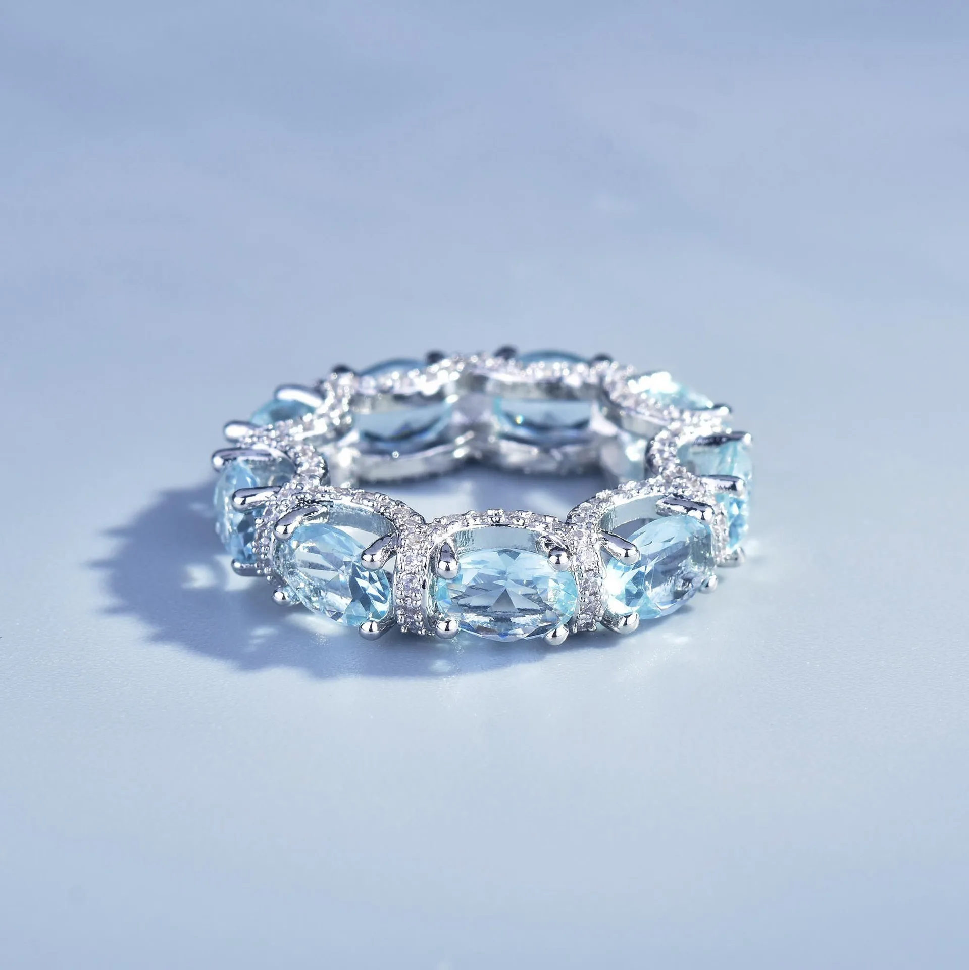 

Micro-Encrusted with Diamonds Aquamarine Rings for Women Twinkling Band for Women Dainty Trendy Jewelry Gifts