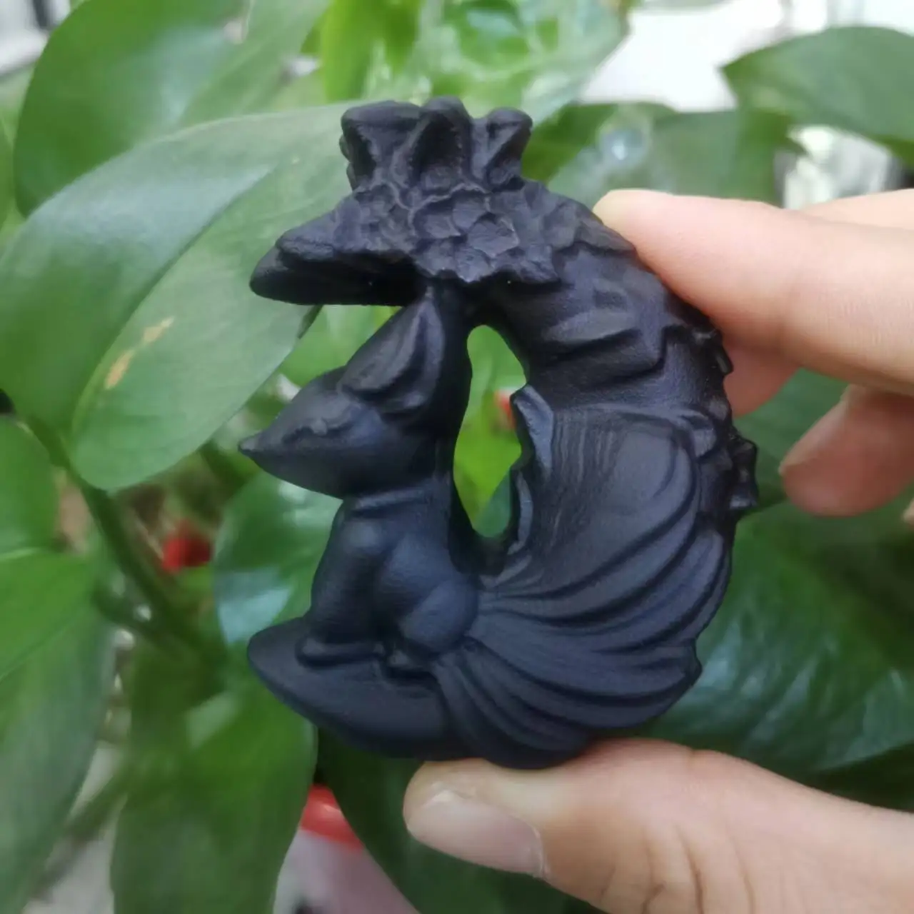 

Natural Crystal Stone Carving Black Obsidian Nine Tailed Fox Statue