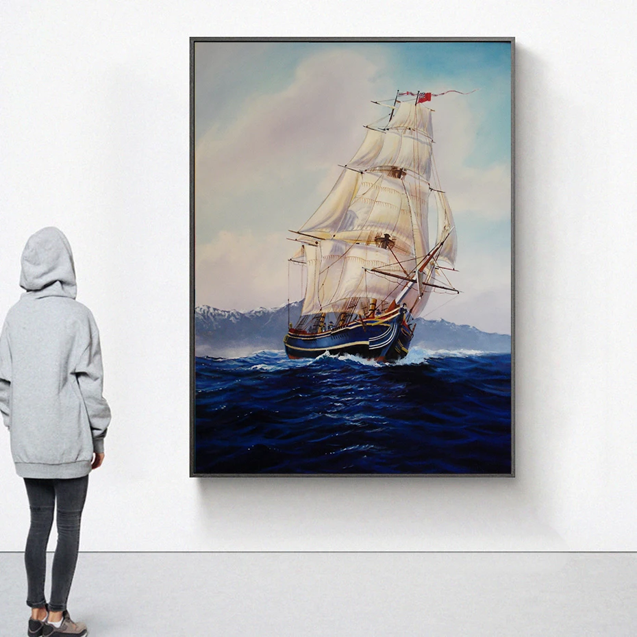 

Картина маслом на холсте Noridc в стиле ретро с лодкой, корабль, морской пейзаж, плакаты, искусство на стену, картины для украшения дома