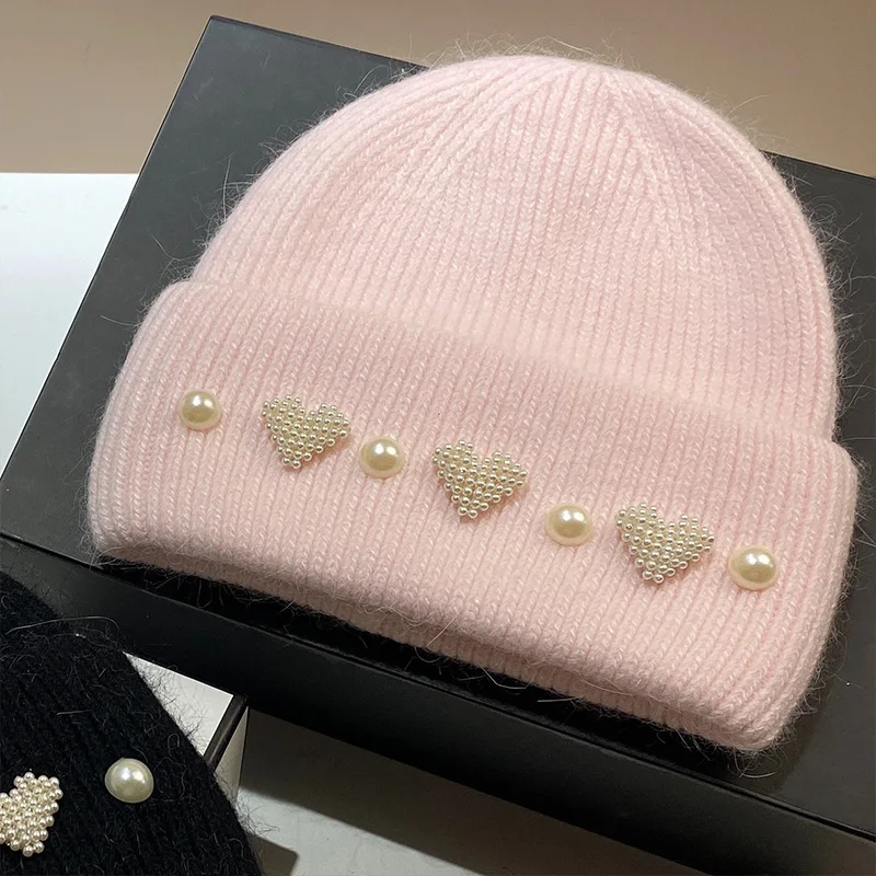 

Y2K Girls Rabbit Fur Warm Hats Knitted Wool Solid Color Hat Pearls Love Heart Decoration Fashion Outdoor Accessories