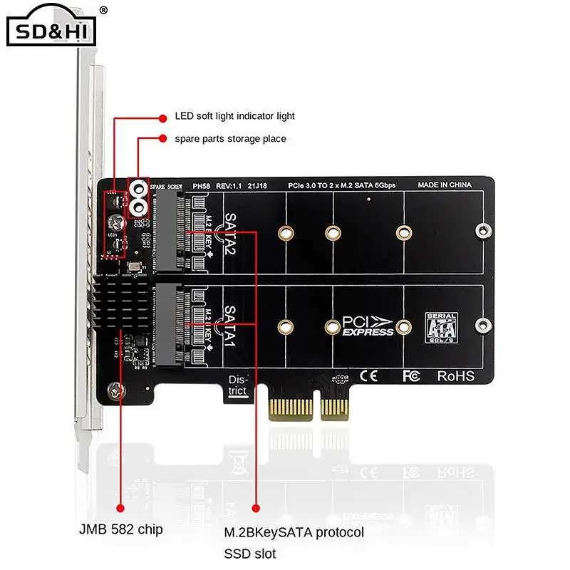 

PH58 2 X M2 SATA To PCIE Adapter Card Double Disc Display Card RAID Splitter Expansion Card Pcie X1 To NGFF M2 SATA SSD JMB582