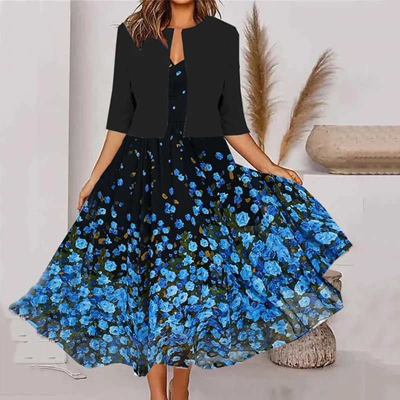 

Женский весенний костюм из двух предметов, пиджак с коротким рукавом и V-образным вырезом, платье без рукавов с большим подолом и цветочным принтом, 2023