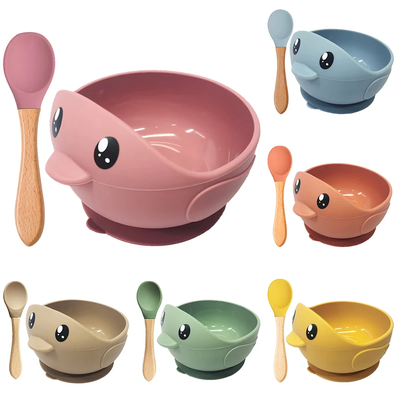 Cute Duck Baby Bowl with Wood Handle Spoon Fork BPA Free Silicone Bowl Non-Slip Suction Plate Children Dishes Baby Feeding Bowl
