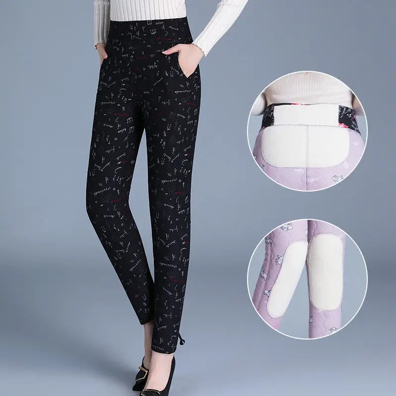 

Spring Autumn Elegant High Waist Casual Pants Middle-aged Elderly Winter Fleece Warm Female Straight Cold Resistant Pants Q196