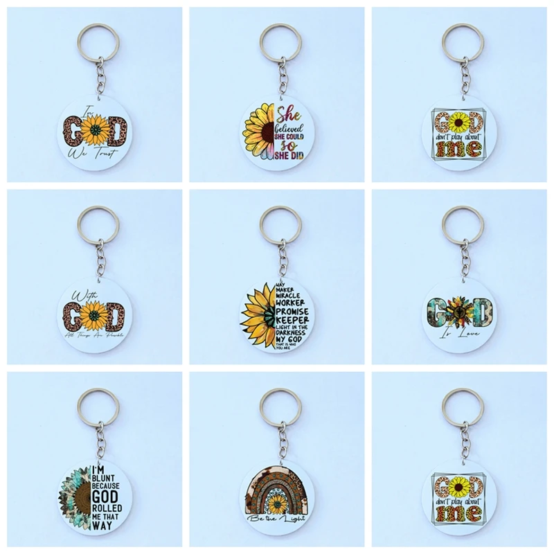 

Personalized God Theme Keychian Round Sunflower Theme Keyring Stock Bulk Order Wholesale