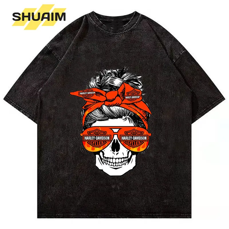 

Harajuku Casual T-Shirt Men Fashion Streetwear Skull Printed Washed Oversized T Shirt Cotton Summer Women Short Sleeve Tees