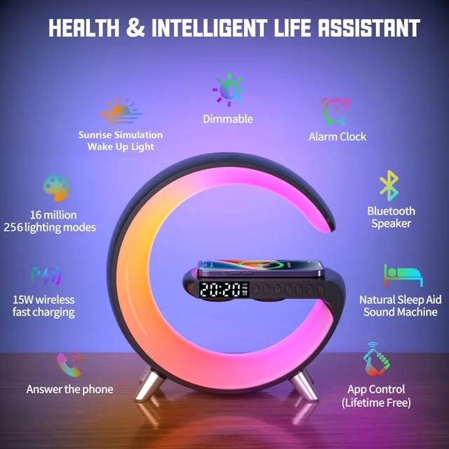 Bluetooth Speaker LED Alarm Clock, Wireless Charger RGB Colorful Atmosphere Night Light Lamp 2