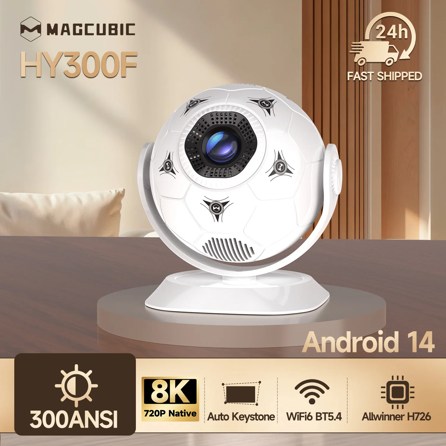 Фото Проектор Magcubic HY300F 8K, 300 ANSI люмен, домашний LED-проектор на Android 14 с Wi-Fi 6 и BT 5.4, футбольный дизайн для домашнего кинотеатра и улицы №1