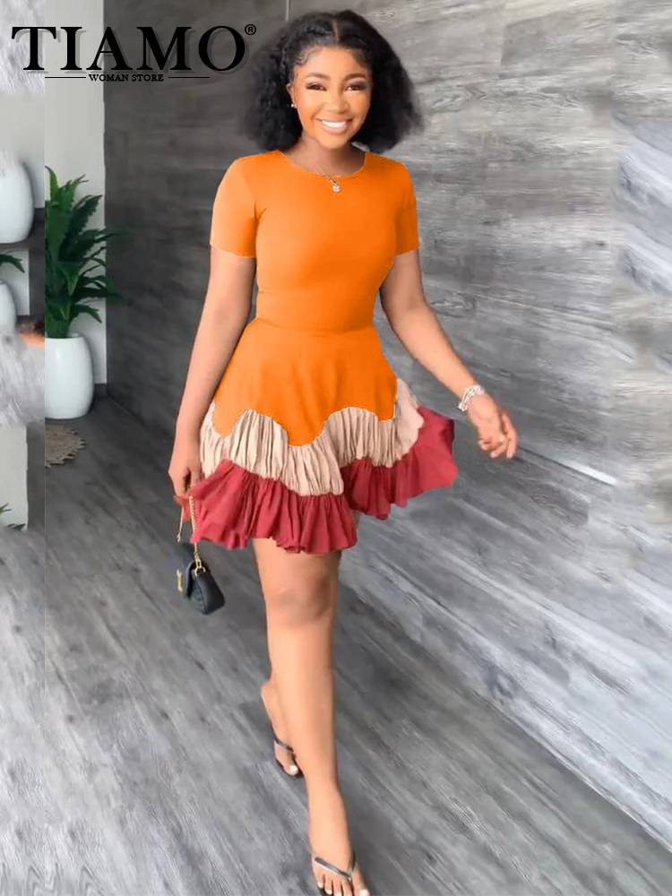 

TIAMO Dresses for Women 2022 Summer Colorblock Short Sleeve Pleated Dress Sweet Latin Dancer Mini Skirt Wholesale Dropshipping
