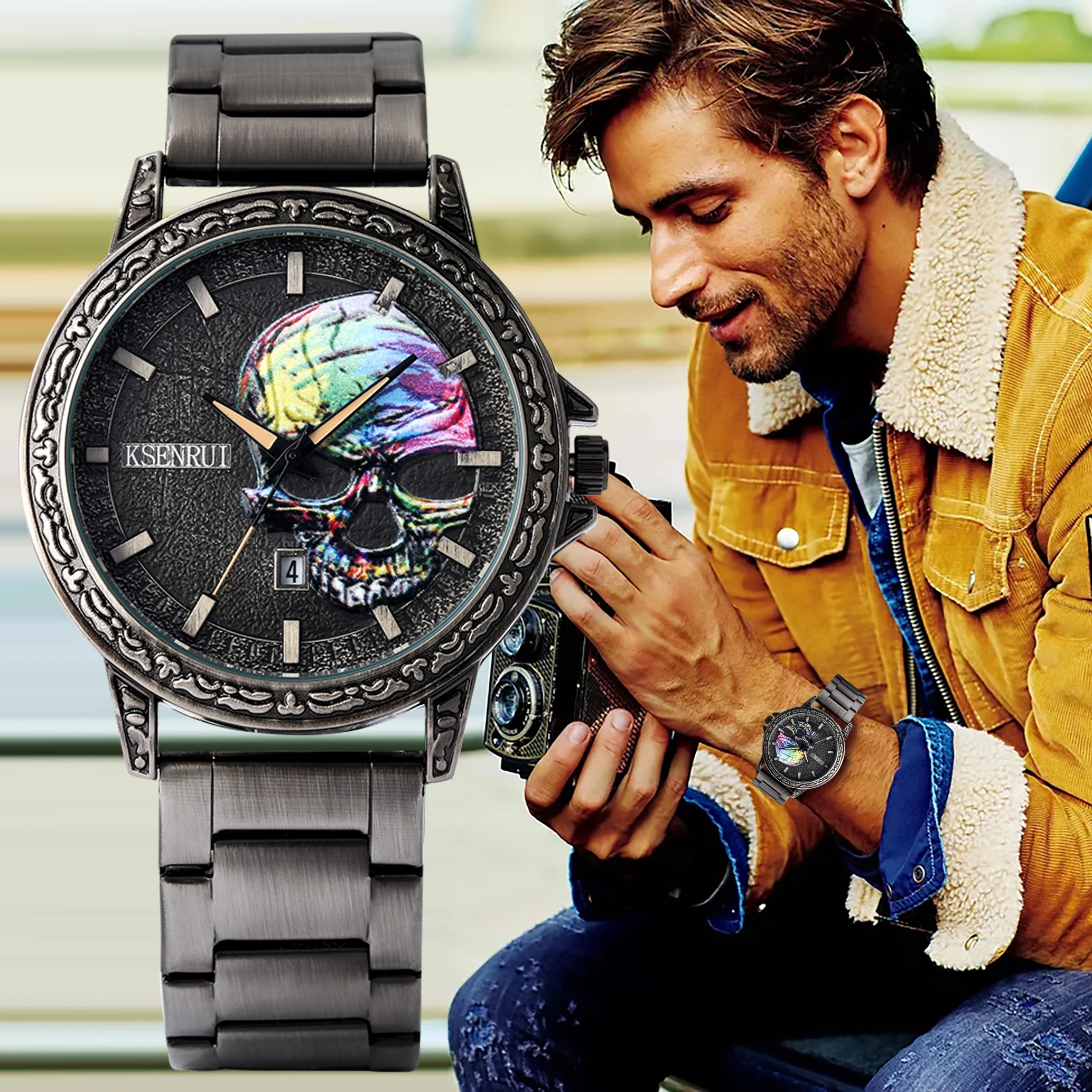 

Men Steel Belt Retro Relief Color Skull Watch Business Quartz Watches with Calendar Valentine's Day Gift for Boyfriend Husband
