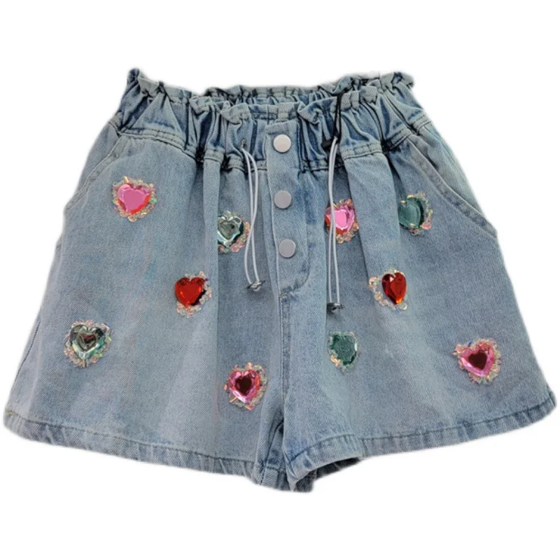 Streetwear Exquisite Rhinestone Beaded Color Heart High Waist Jeans Shorts Loose Slimming Denim Shorts Women Summer Short Pants