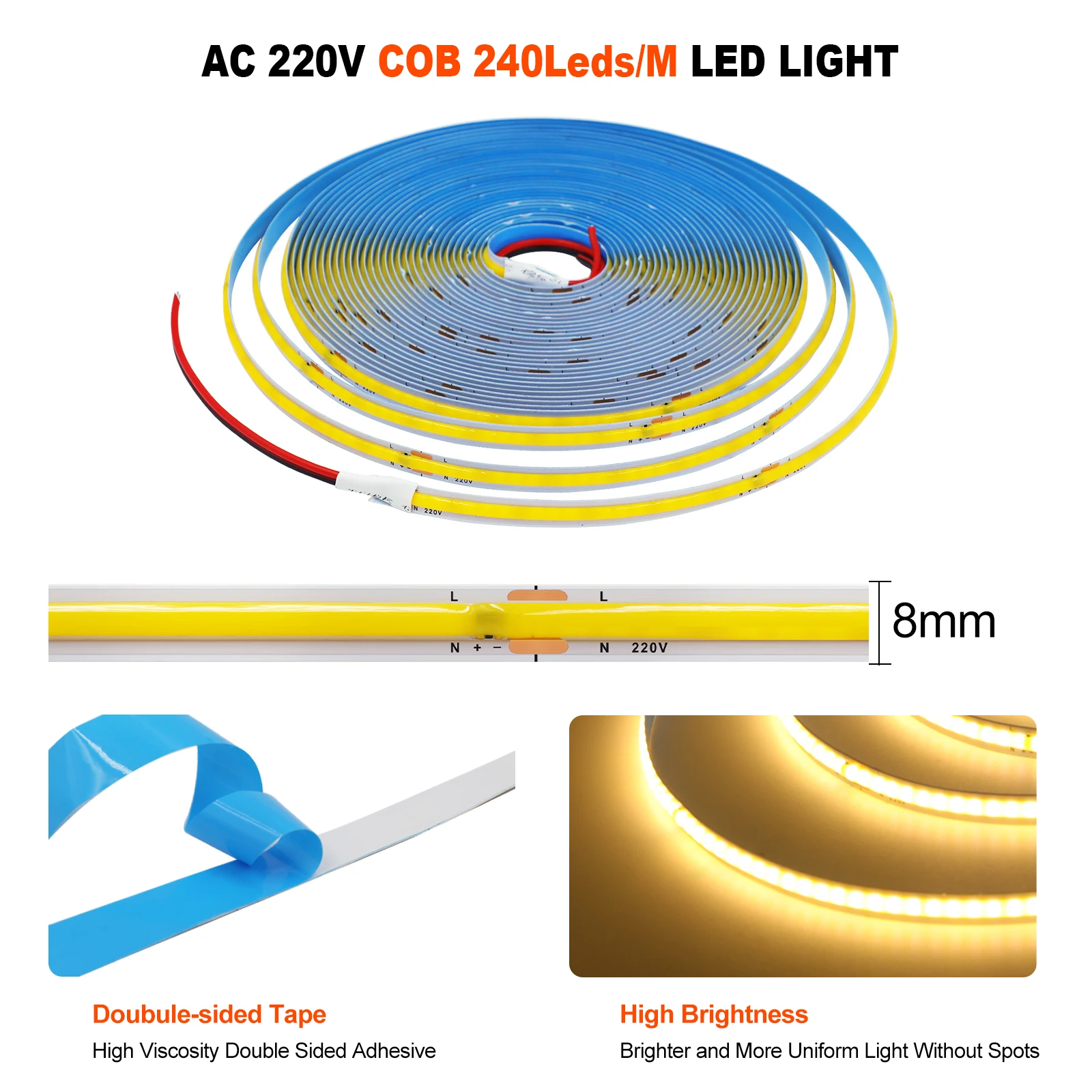AC220V COB Strip Light 240LEDs/m 8mm PCB Adhesive 3000K 4000K 6000K High Density Linear Lighting Bar For Home Decor