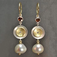 creative antiques gold color disc long imitation pearl earrings vintage metal geometry inlaid zircon drop dangle earring