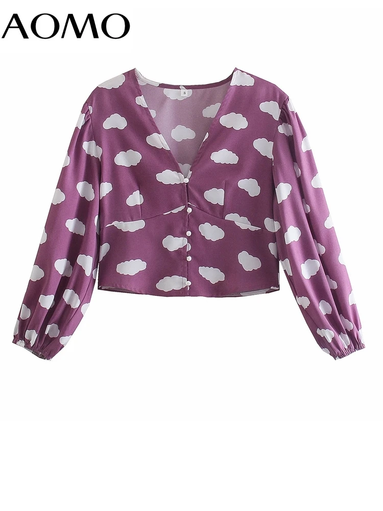 

AOMO Women Retro Purple Cloud Print Crop Shirt Blouse Long Sleeve Chic Female Tops 1F495A
