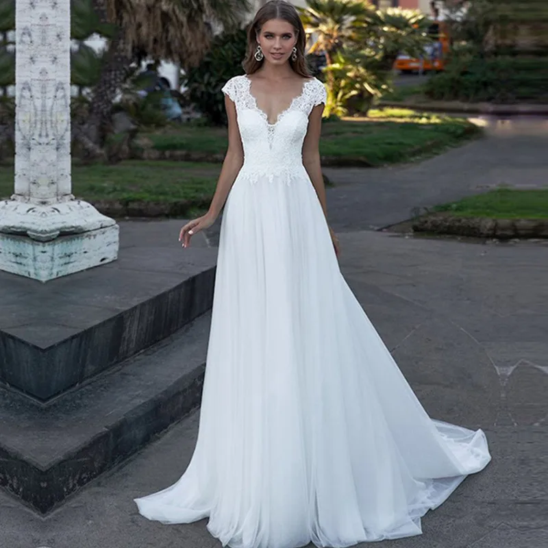 

Boho V-Neck Lace Chiffon Wedding Dress for Women 2022 Beach Backless Bridal Gowns Off The Shoulder Elegant Robe De Mariée