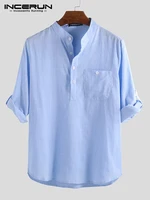 incerun men brand shirt cotton stand collar streetwear tops vintage 34 sleeve solid color shirts harajuku 2020 camisa masculina