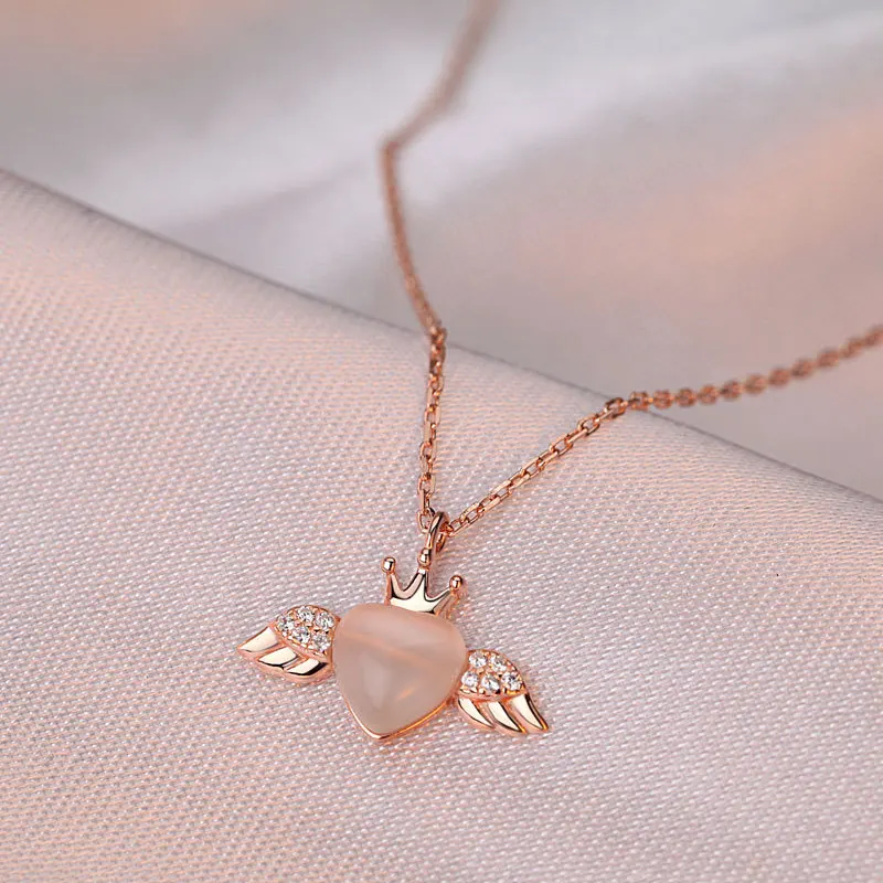 

Серебряное женское ожерелье Ruixiang S925 с крыльями ангела из любовного опала, легкая Роскошная простая нишевая цепочка до ключиц с короной