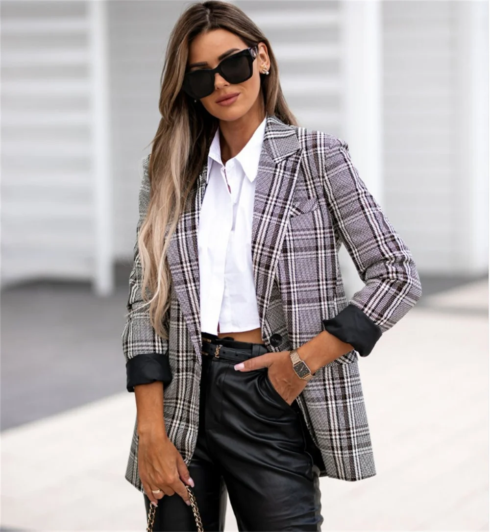 Elegant Women Plaid Blazers 2023 New Fashion Casual Business Long Sleeve Jacket Vintage Office Ladies Formal Blazers