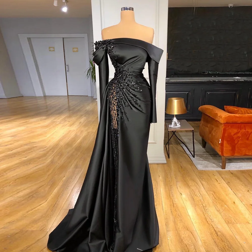 

Роскошное черное атласное платье для выпускного вечера с длинным рукавом и блестящими бусинами, официальное вечернее платье для свадьбы, праздничное платье знаменитости, 2023