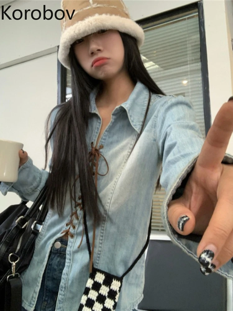 

Одежда Korobov Y2k, корейские рубашки с лацканами, ковбойские топы на бретелях, Осенние тонкие Асимметричные солнцезащитные блузки, тонкие женск...