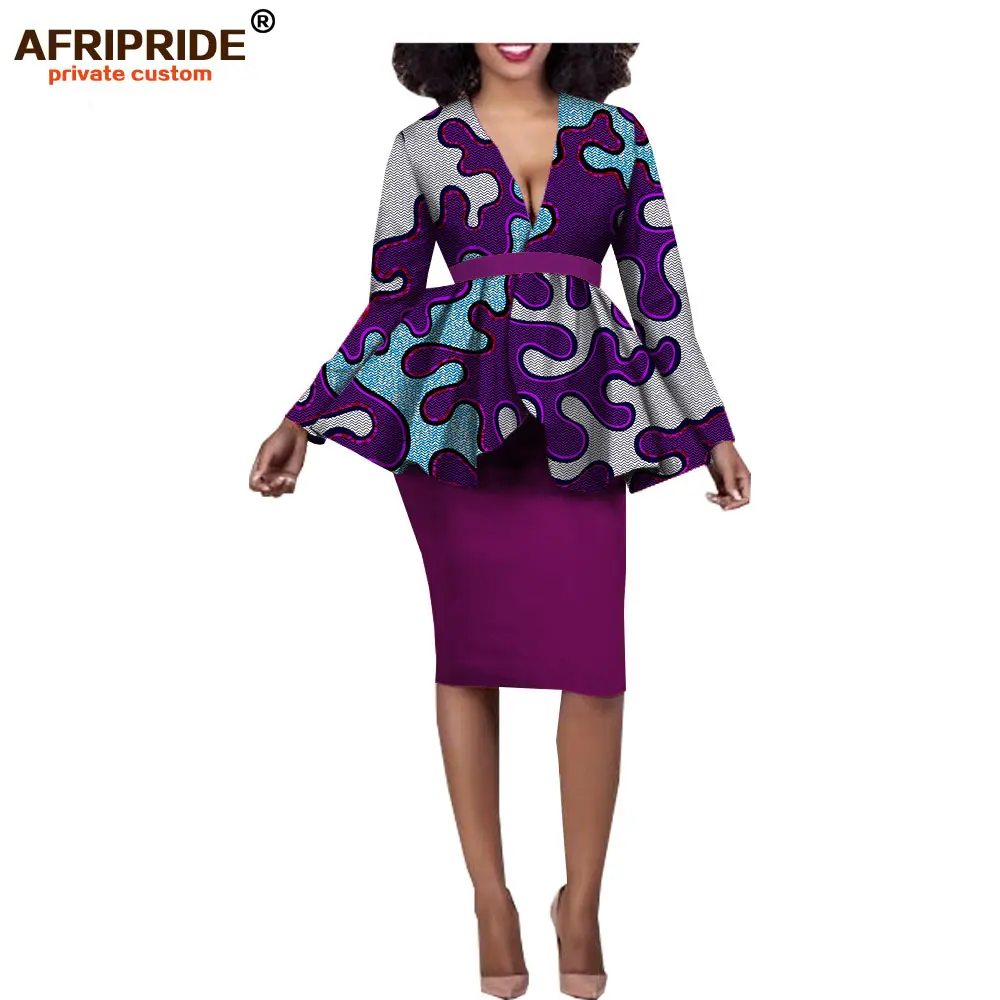 

Afripride 2 Pieces Blazer Suit for Women Tailor Made Top Blazer+Knee Length Skirt with Sash Women Cotton Suit A1826010