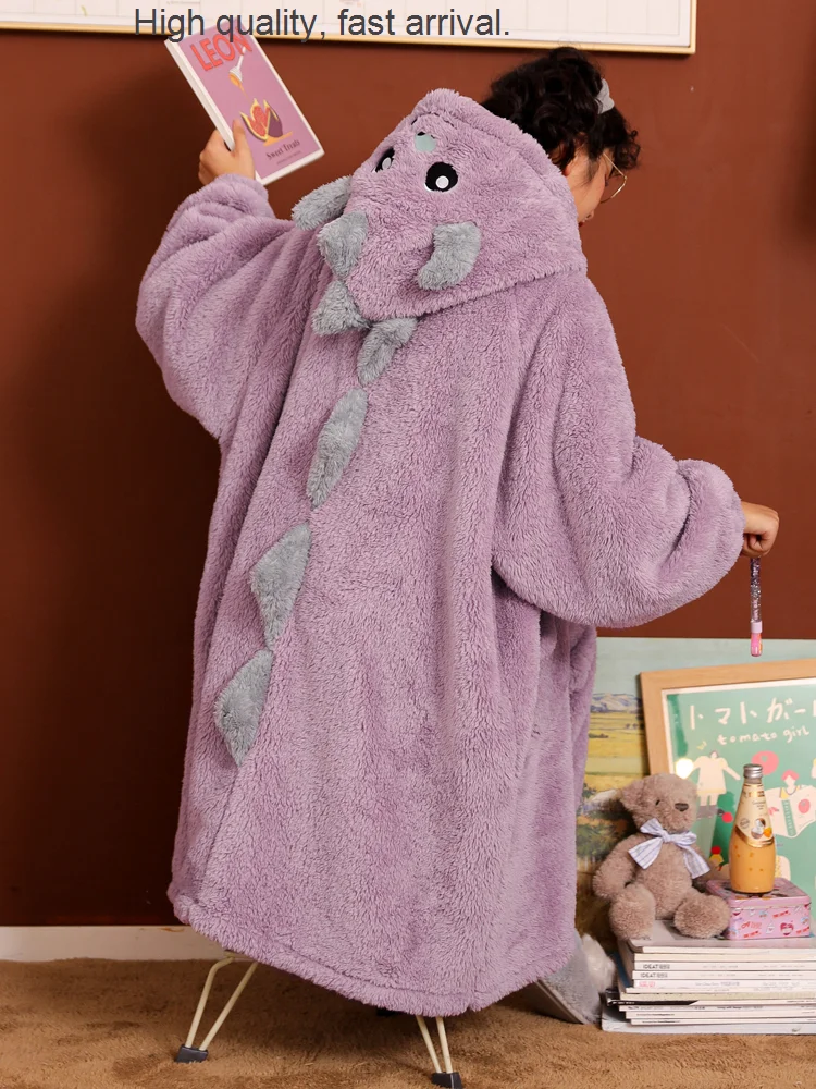 Women's Autumn Pajamas and Winter Coral Fleece Thickened plus Velvet Pajama Long Bathrobe Furry Homewear Dinosaur