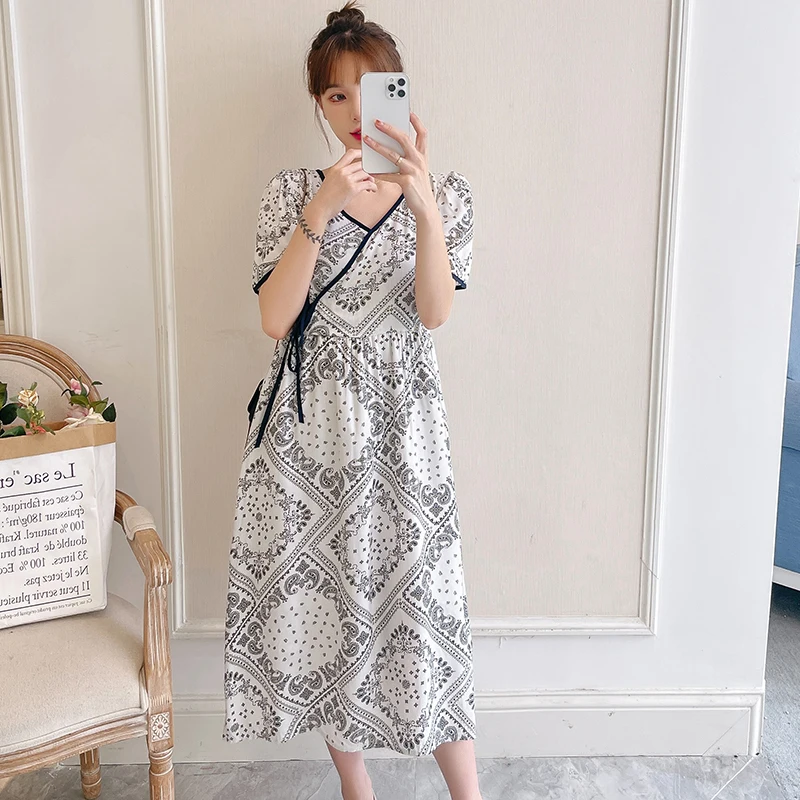 

Летнее шифоновое платье с винтажным принтом для беременных женщин с высокой талией и V-образным вырезом для беременных платье в китайском стиле для беременных