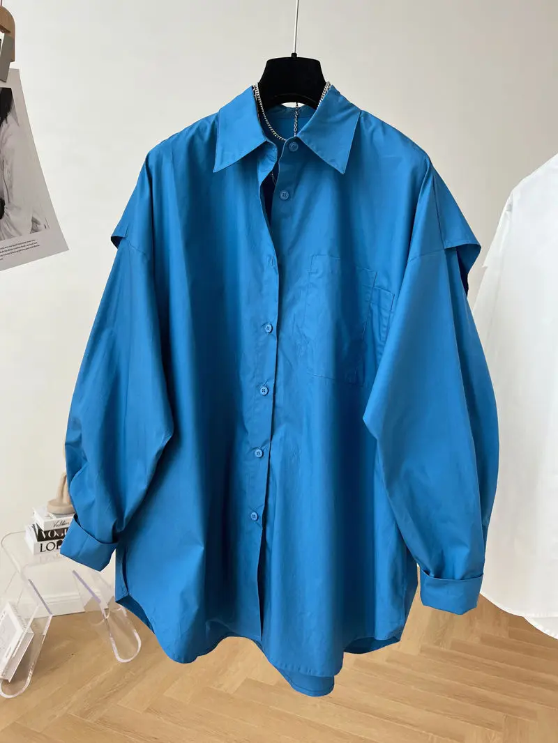 Женская рубашка с отложным воротником голубая Свободная блузка длинным рукавом