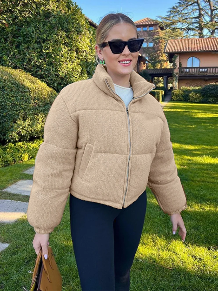 Winter Casual Stand Collar Warm Thick Zipper Grey Cotton Short Coats for Woman 2022 Fashion Ladies Khaki Puff Parkas Outwear