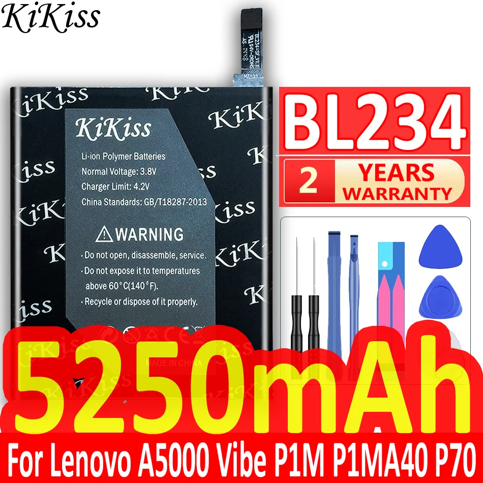 

KiKiss 5250mAh BL234 BL 234 BL-234 Battery For Lenovo A5000 Vibe P1M P1MA40 P70 P70t P70-T Mobile Phone Battery + Free Tools
