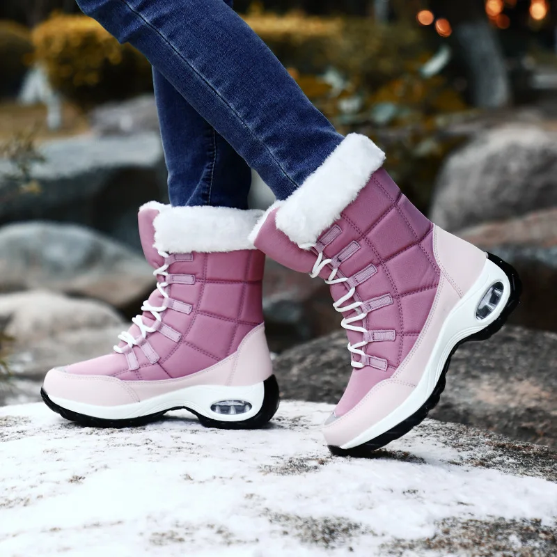 

Women Snow Boots Cotton Shoes PU Thick Warm Non Slip Round Shape Flat Large Size High Gang