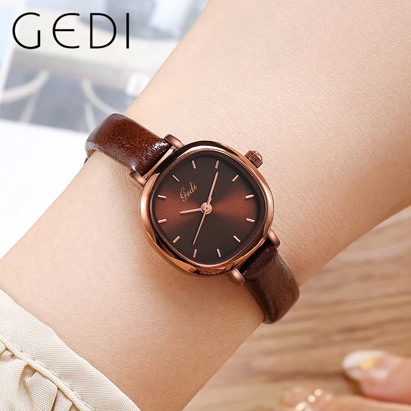 GEDI Retro Coffee Women Square Watches Thin Leather Strap Waterproof Vintage Fashion Ladies Quartz Wristwatches Female Clock New