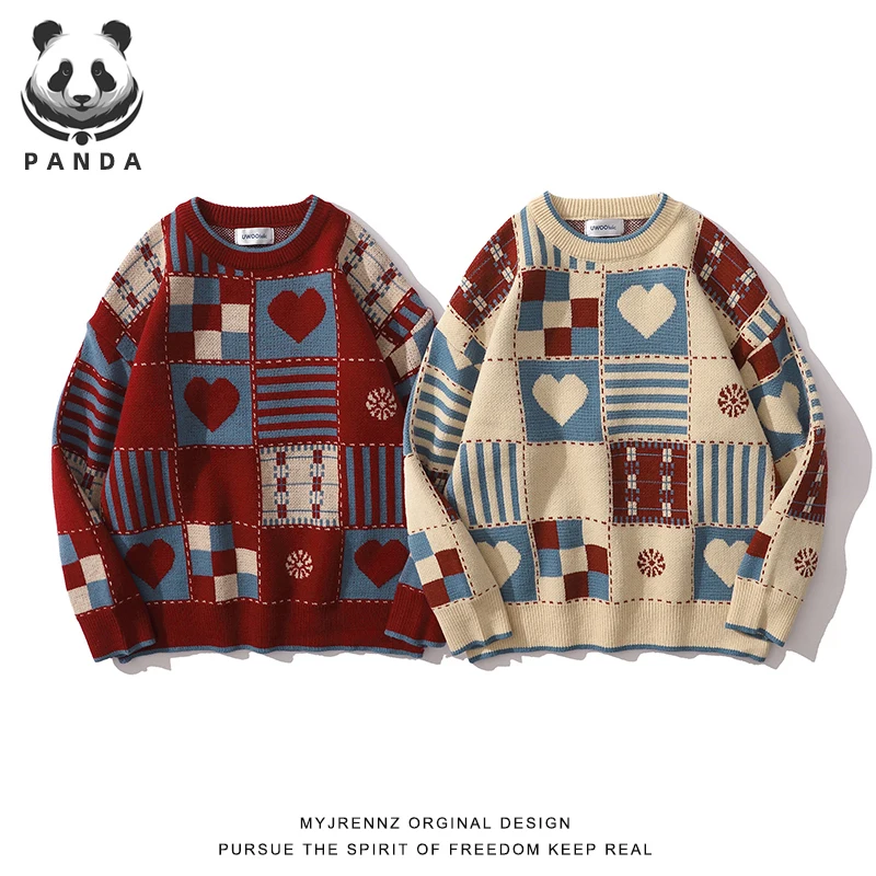 2022 Japanese Vintage Sweater Mens Hip Hop Streetwear Harajuku Retro Style Love Knitted Sweater Couples Autumn Winter Pullover