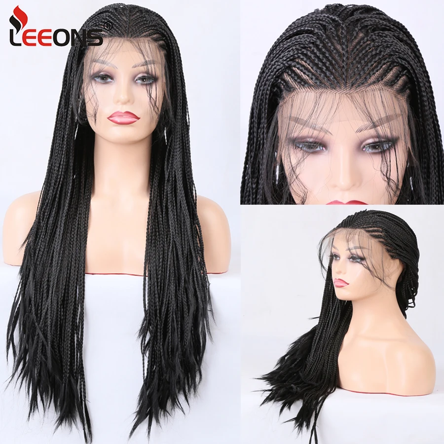 

Black Box Braided Wigs For Black Women Lace Front Wigs With Baby Hair Glueless Micro Braids Synthetic African Replacement Hair