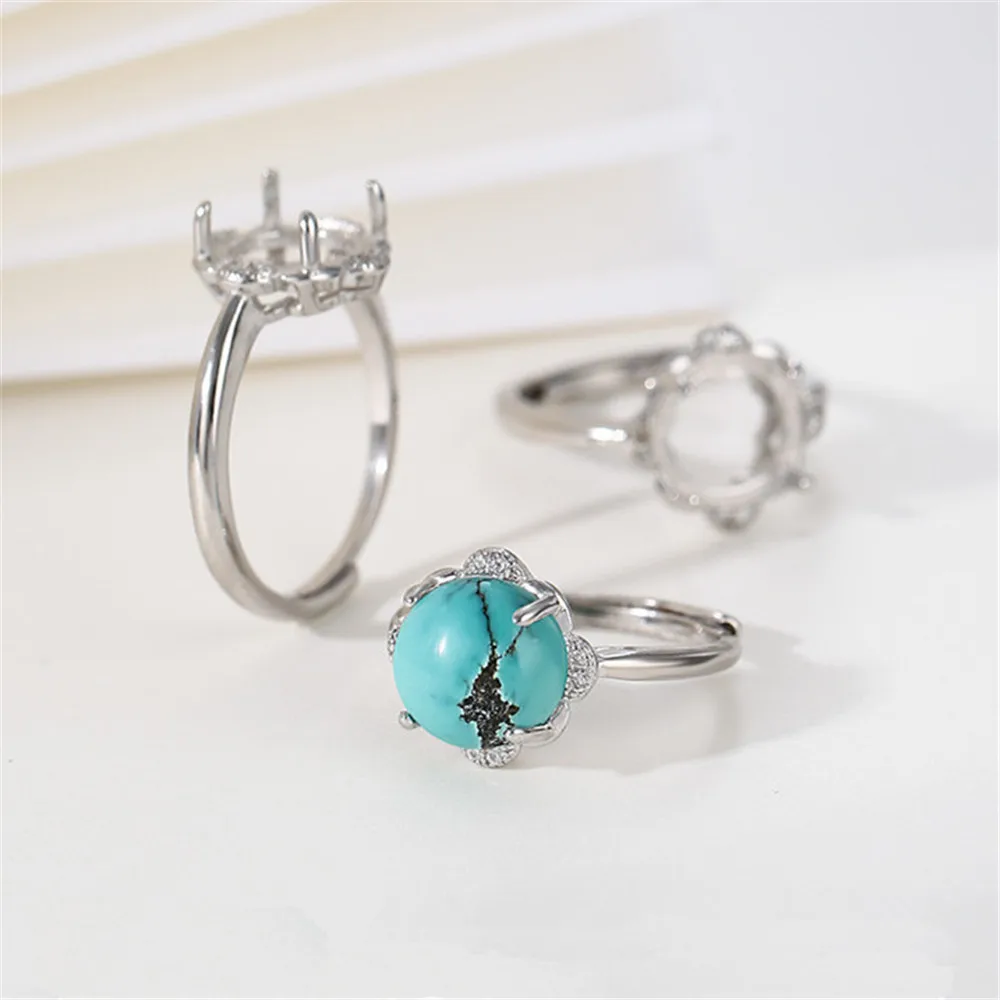 Ring Setting for 10x10mm Round Cabochons Ring Base White Gold Plated 925 Silver Zircon Adjustable Ring Blank RB179S