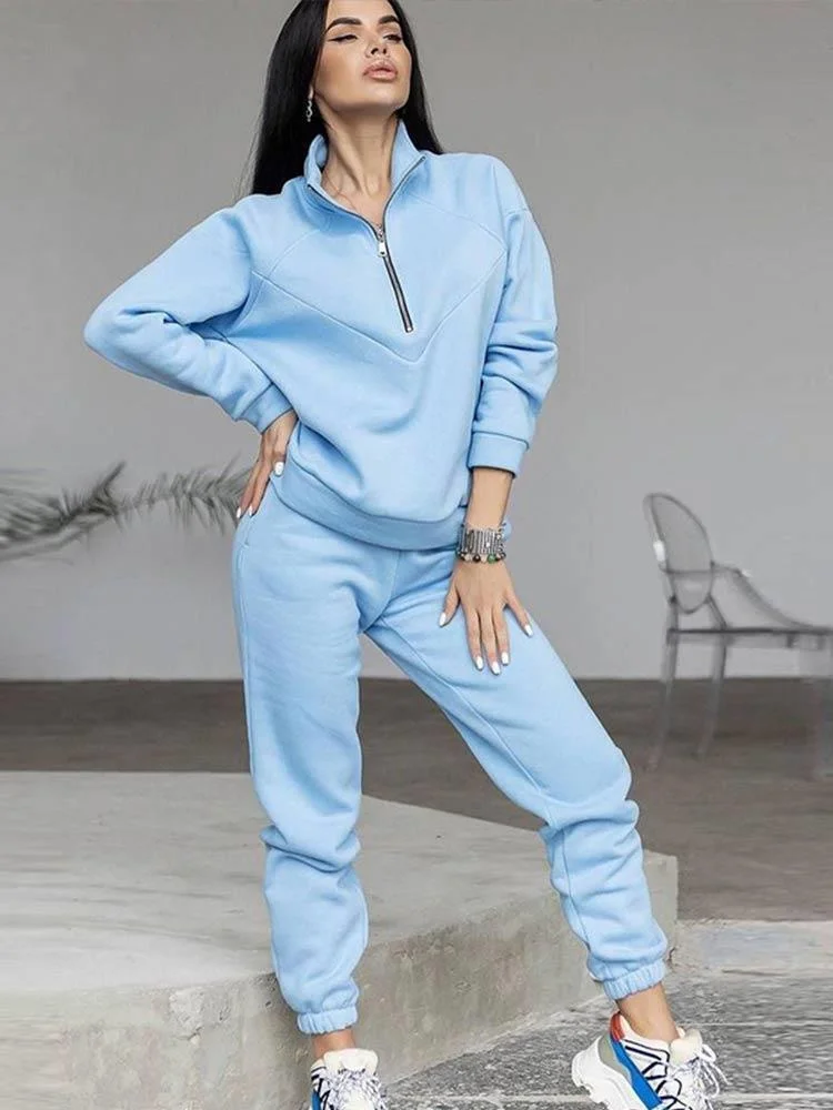 

Casual Autumn Fleece Sets Women Fashion Zip Lapel Long Sleeve Pullover And Straight Pants Two Piece Set 2022 Female Warm Outfits