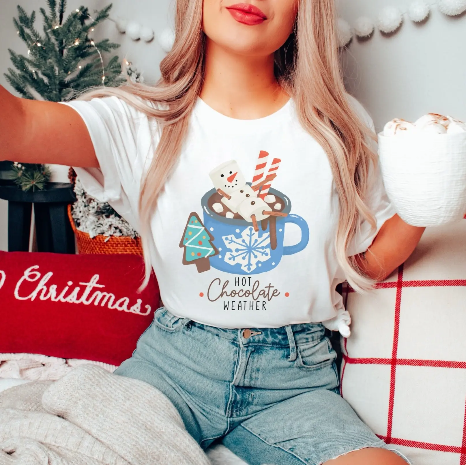 Рождественская футболка зимняя одежда в стиле бохо с принтом горячего шоколада