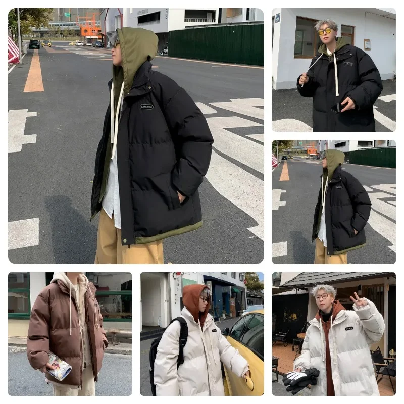 

2023 Winter New Vintage Trendy Loose Hooded Japanese Fake Two Piece Cotton Shirts Winter Jacket Men