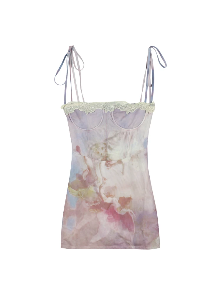 Женское винтажное мини-платье на тонких бретельках