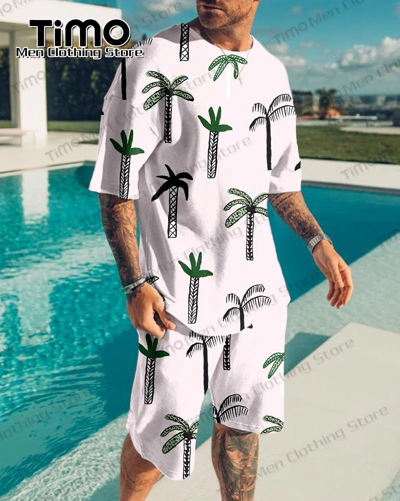 Hawaiian Men's Set Summer Beach Fashion Casual T-shirt+Shorts 2 Piece Set Daily Oversized Loose O-Neck Sportswear For Men